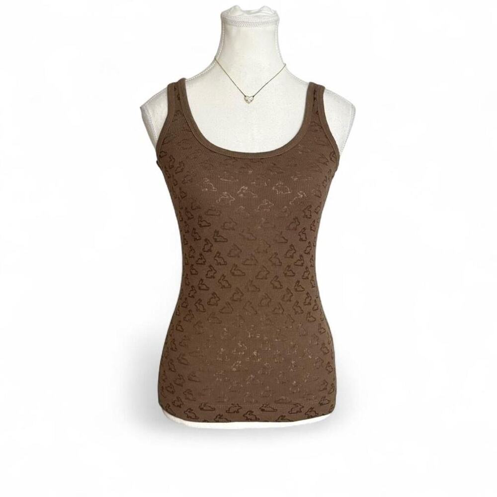 Y2K Brown Embroidered bunny print fitted  tank top Size M coquette soft girl top